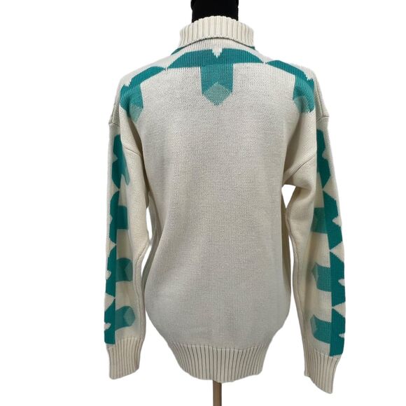 Vintage Meister Wool Blend White Turtleneck Sweater Aqua Geometric‎ Pattern Lg - Picture 6 of 11